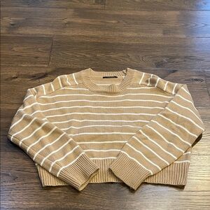 T Tahari Camel and White Striped Crew Neck Sweater